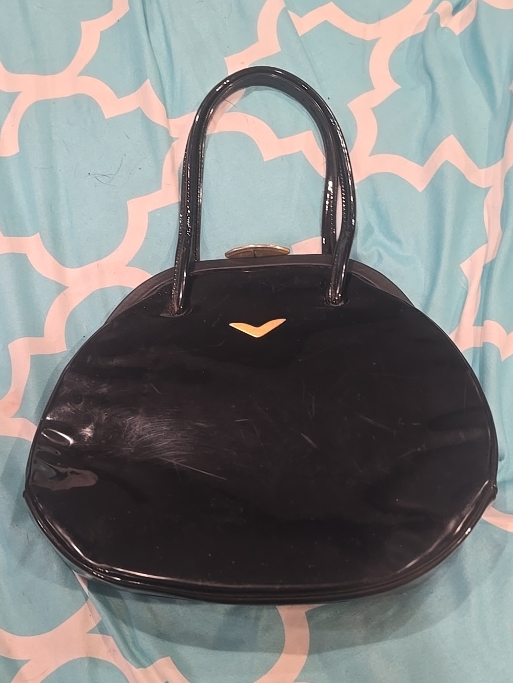 Black Patent Dome Top-Handle Women's Bag Vintage 1950s Made In FRANCE dofanette